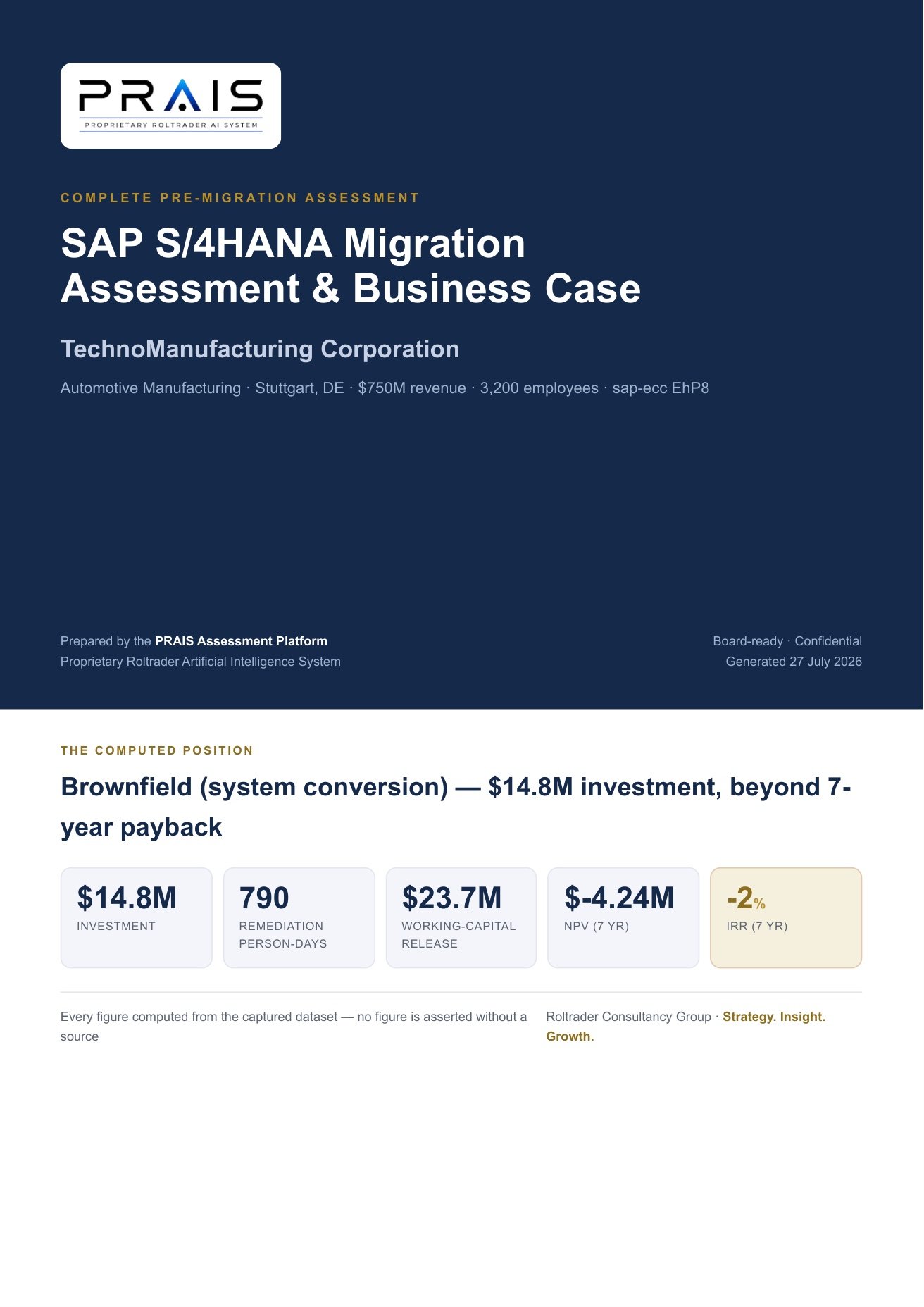 PRAIS report — migration business case cover with recommended approach and headline figures